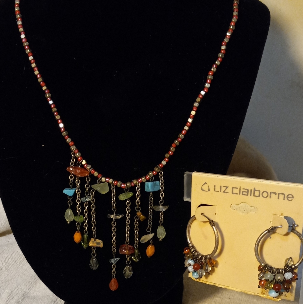 Not new,tags,vintage boho colorful seed 9 chain chip beads necklace&pierced earr